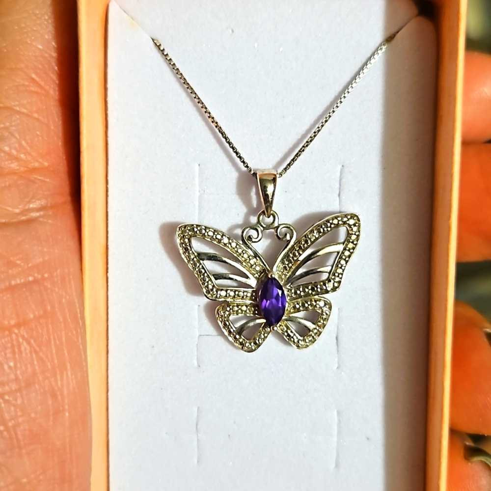 Butterfly Necklace with Amethyst & Diamonds -  Sterling Silver